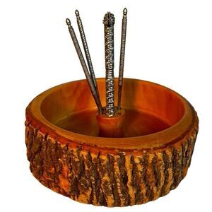 VTG MCM Wooden Rustic Bark Nut Bowl Round Dish + Metal Cracking Utensils